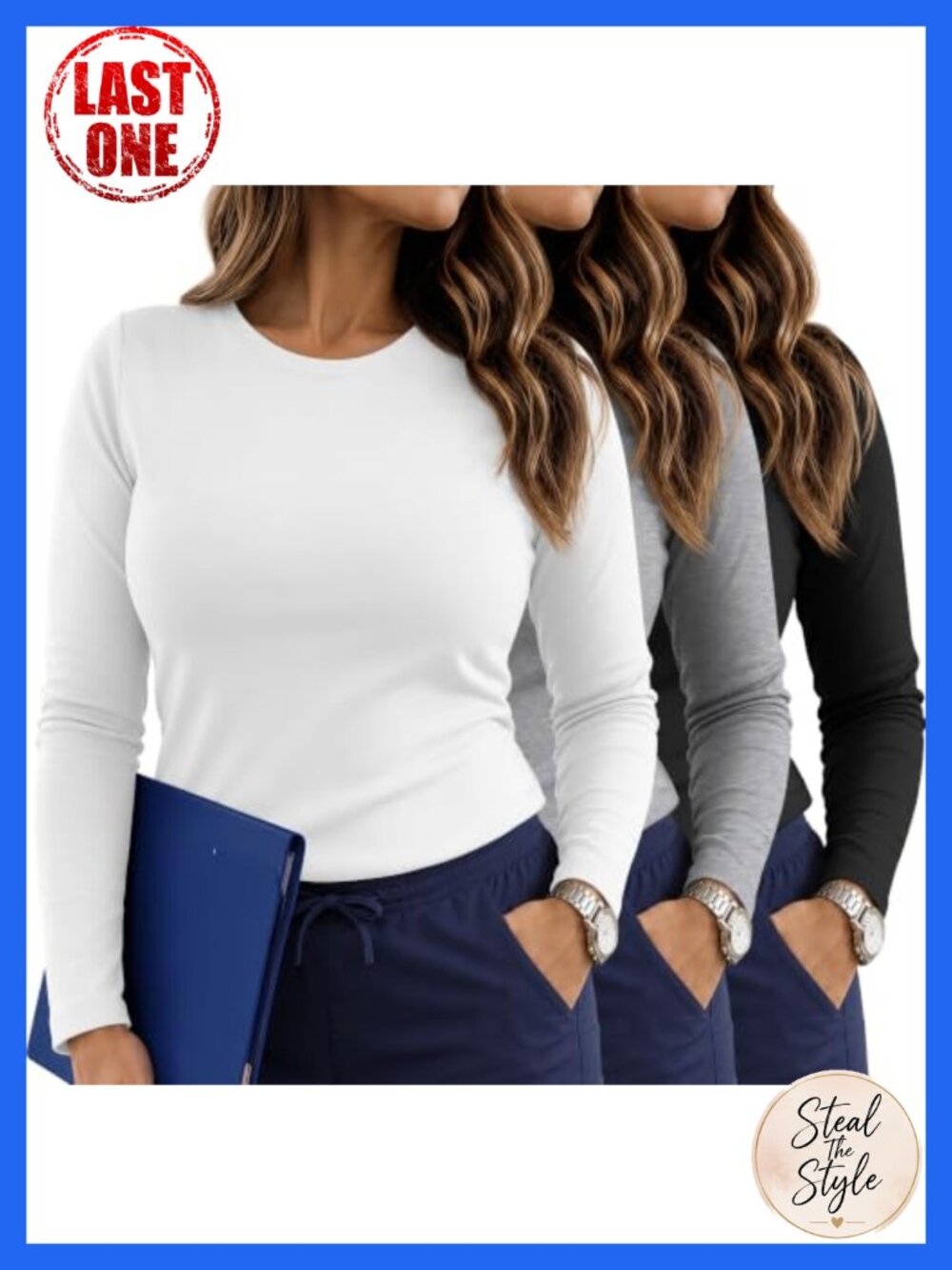 Plus Size Long Sleeve Nurse Scrub Tops Crew Neck Underscrubs 3 Pack